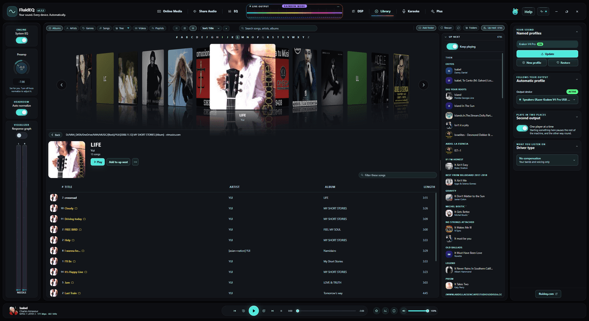 The Library workspace with a cover flow of albums, one album open to its song list, and the Up Next queue beside it.