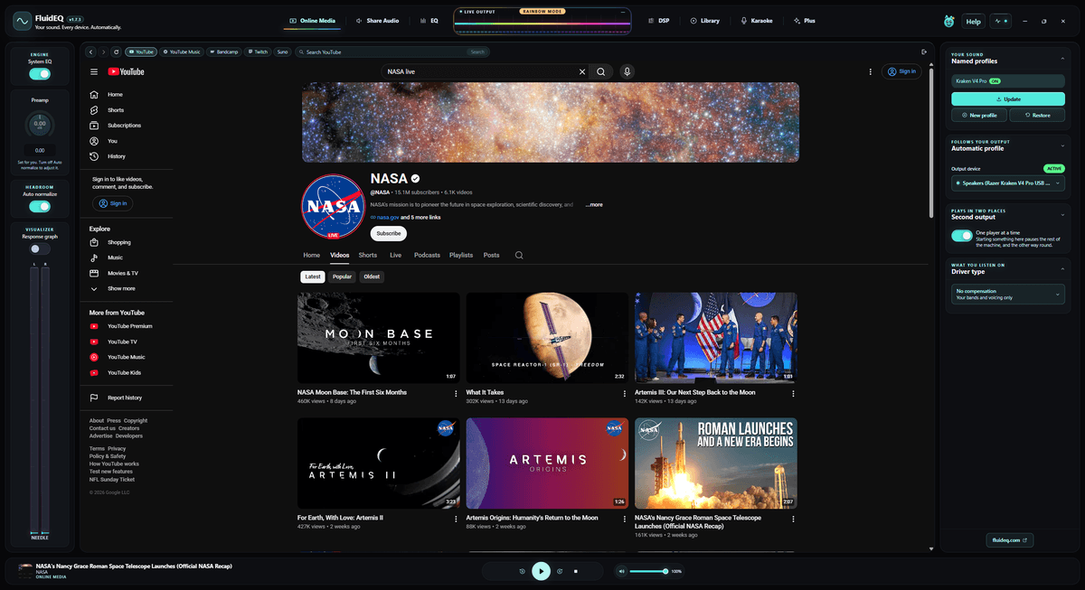 The Online Media workspace browsing Suno's Explore page inside FluidEQ, with shortcuts to YouTube, YouTube Music, Bandcamp and Twitch above it.