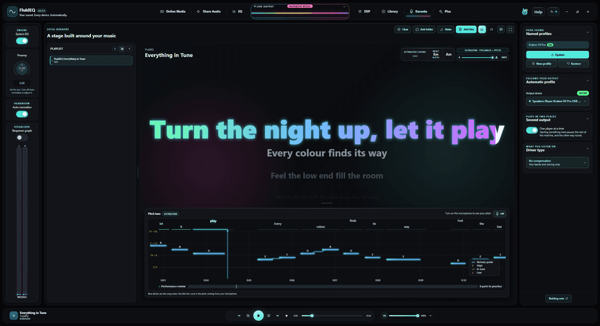 The Karaoke player with its playlist, the current lyric line in large type, and the UltraStar pitch lane below.
