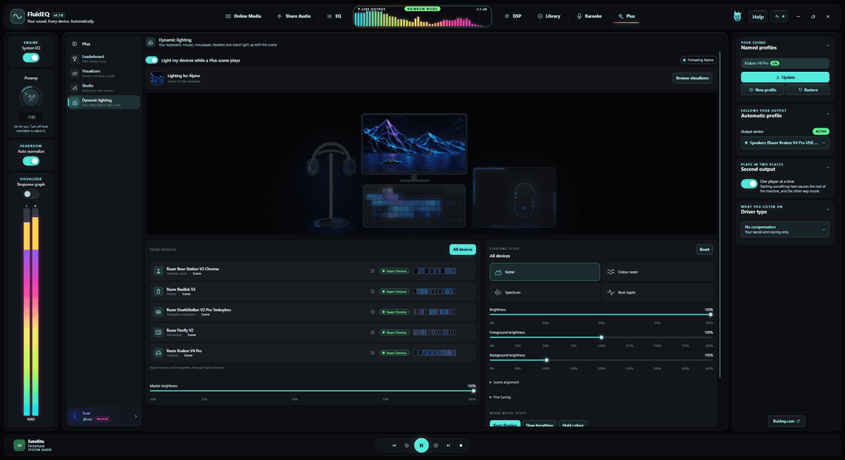 Dynamic Lighting following the Alpine scene: a preview of the monitor, keyboard, mousepad and headset stand lit in its blues, and each Razer Chroma device listed below.