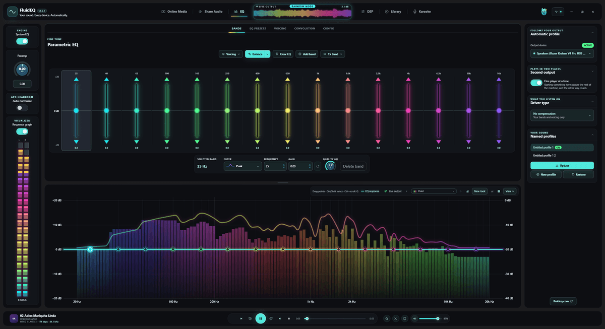 FluidEQ in the Black theme: the EQ tab with fifteen bands and the live spectrum playing a song.