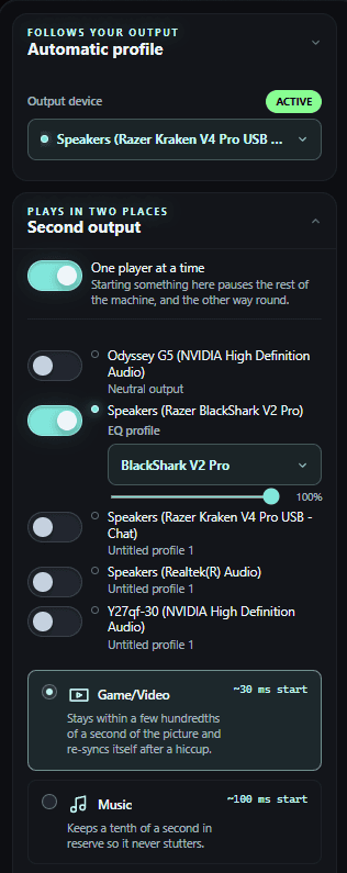 FluidEQ’s Second output panel with the BlackShark V2 Pro profile picker, volume control and Game/Video and Music modes.