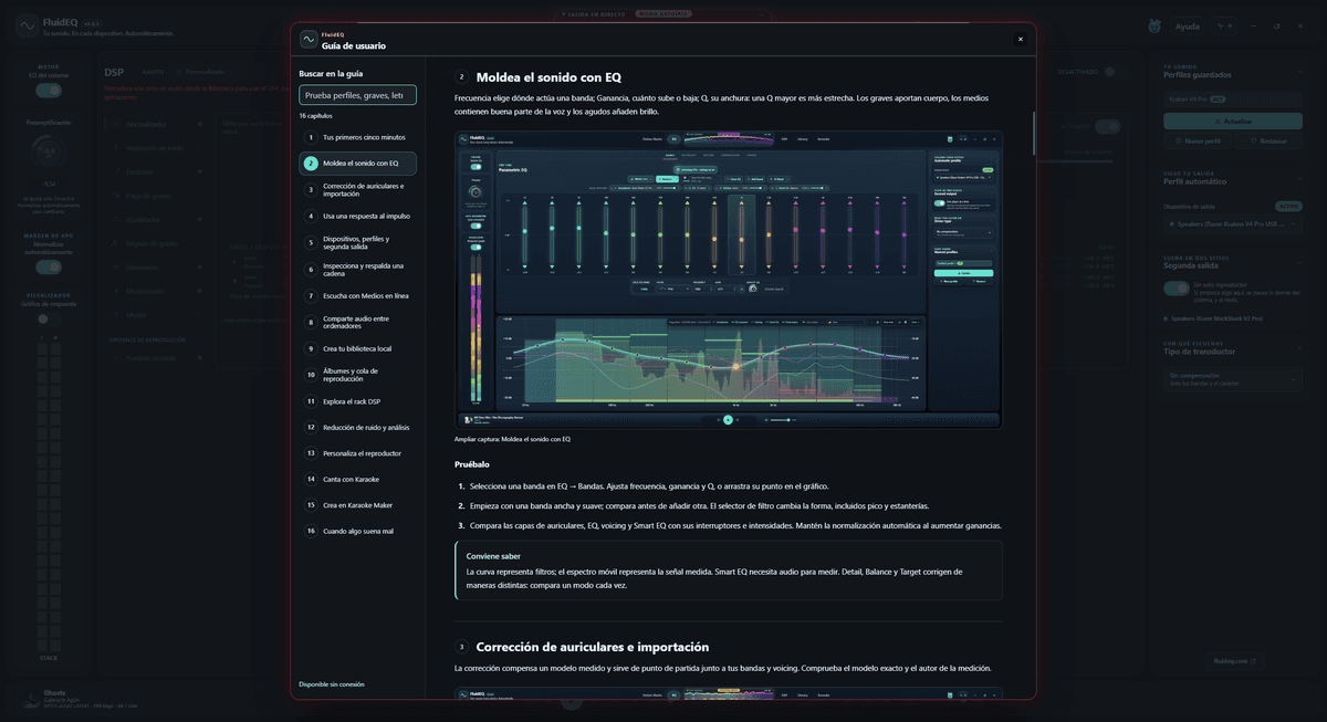 The real FluidEQ user guide in Spanish, with chapter two selected beside the EQ instructions and screenshot.