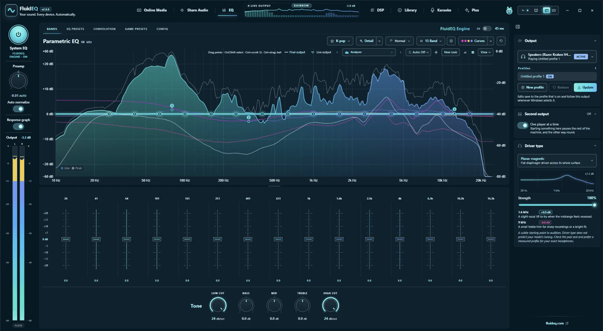 The equalizer in FluidEQ 2.0: the new title bar and section tabs, a live spectrum drawn 80 dB deep behind fifteen bands, the Tone row with its low cut, Bass, Mid, Treble and high cut, and the output panel beside it.